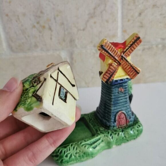 Vintage Windmill House Salt & Pepper Set, Japan Ceramic with Base 3 Pieces - Picture 4 of 9